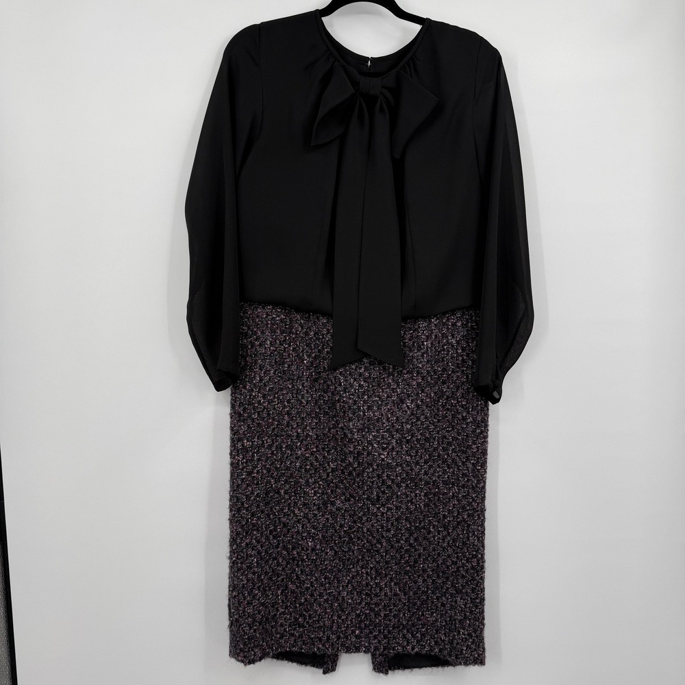 Lafayette 148 Dress Womens 10 Black‎ Colorblock Sheath Wool Tweed Bow